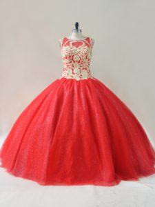 Scoop Sleeveless Lace Up Sweet 16 Dresses Red Tulle