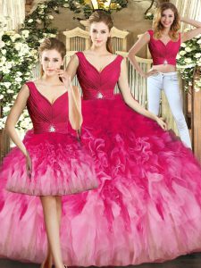 Custom Made Tulle V-neck Sleeveless Lace Up Beading and Ruffles Quinceanera Gown in Multi-color