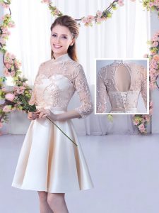 Champagne Satin Lace Up Quinceanera Dama Dress Half Sleeves Mini Length Lace and Belt