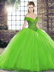 Discount Ball Gowns Organza Off The Shoulder Sleeveless Beading Lace Up Quinceanera Dresses Brush Train