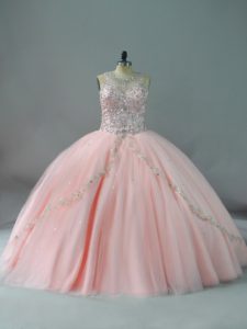 Peach Lace Up Scoop Beading Sweet 16 Quinceanera Dress Tulle Sleeveless