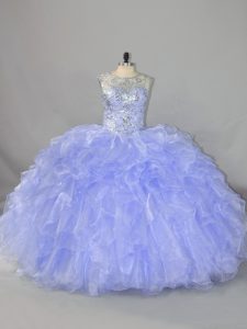 Suitable Lavender Organza Lace Up Quinceanera Gowns Sleeveless Floor Length Beading and Ruffles