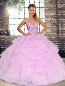 Extravagant Lilac Tulle Lace Up Sweetheart Sleeveless Floor Length Sweet 16 Dresses Beading and Ruffles
