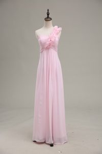 Baby Pink Zipper One Shoulder Ruching Prom Evening Gown Chiffon Sleeveless