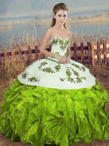 Sleeveless Floor Length Embroidery and Ruffles and Bowknot Lace Up Quinceanera Gowns with Olive Green