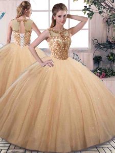 Floor Length Gold Sweet 16 Dresses Tulle Sleeveless Beading