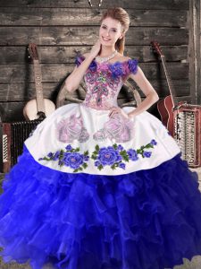 Royal Blue Sleeveless Floor Length Embroidery and Ruffles Lace Up Quinceanera Gowns