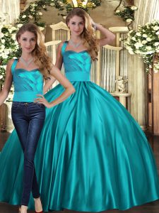 Customized Floor Length Two Pieces Sleeveless Teal Quinceanera Dresses Lace Up