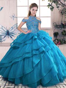High End Blue Ball Gowns Organza High-neck Sleeveless Beading and Ruffled Layers Floor Length Lace Up Sweet 16 Quinceanera Dress