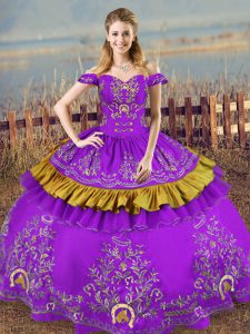 Hot Selling Purple Off The Shoulder Neckline Embroidery Sweet 16 Dress Sleeveless Lace Up
