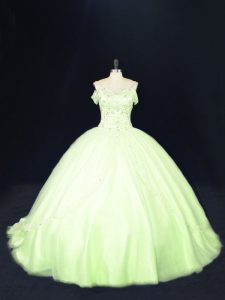 Wonderful Lace Up Quinceanera Dress Yellow Green for Sweet 16 and Quinceanera with Beading Court Train