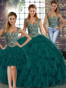 Shining Peacock Green Three Pieces Organza Straps Sleeveless Beading and Ruffles Floor Length Lace Up Quinceanera Dress