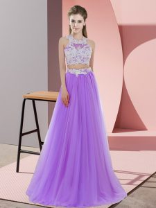 Floor Length Lavender Court Dresses for Sweet 16 Halter Top Sleeveless Zipper