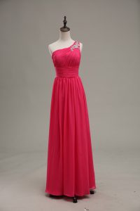 Floor Length Zipper Hot Pink for Prom and Party and Military Ball with Beading and Ruching