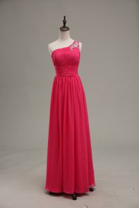 Floor Length Zipper Hot Pink for Prom and Party and Military Ball with Beading and Ruching