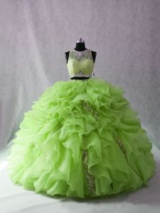 Popular Organza Zipper Scoop Sleeveless 15th Birthday Dress Brush Train Beading and Ruffles