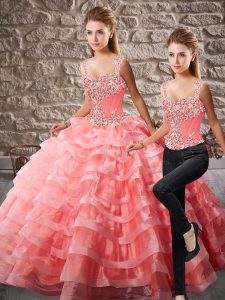 Flare Sleeveless Court Train Beading and Ruffled Layers Lace Up Sweet 16 Quinceanera Dress