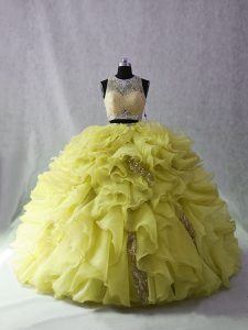 Organza and Sequined Sleeveless 15th Birthday Dress Brush Train and Beading and Ruffles