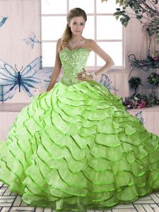 Yellow Green Ball Gowns Organza Sweetheart Sleeveless Ruffled Layers Lace Up Sweet 16 Quinceanera Dress Brush Train