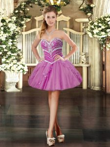 Fancy Sleeveless Mini Length Beading and Ruffles Lace Up Prom Dresses with Lavender
