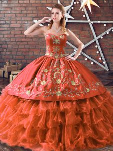 Spectacular Rust Red Lace Up Quinceanera Dresses Embroidery and Ruffled Layers Sleeveless Floor Length