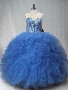 Top Selling Blue Sweetheart Neckline Beading and Ruffles Sweet 16 Dresses Sleeveless Lace Up