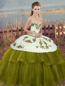 Comfortable Floor Length Olive Green Sweet 16 Quinceanera Dress Tulle Sleeveless Embroidery and Bowknot