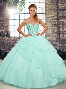 Fashion Apple Green Lace Up 15th Birthday Dress Beading and Ruffled Layers Sleeveless Brush Train