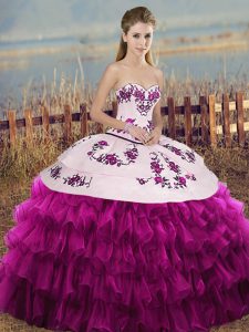 Dynamic Floor Length Fuchsia 15th Birthday Dress Organza Sleeveless Embroidery and Ruffled Layers and Bowknot
