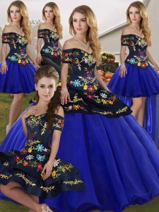 Embroidery Quinceanera Gown Royal Blue Lace Up Sleeveless Floor Length
