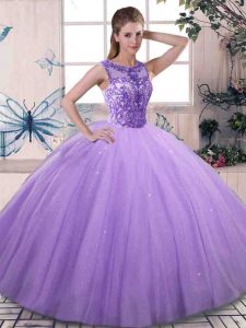 Flare Scoop Sleeveless Sweet 16 Dress Floor Length Beading Lavender Tulle
