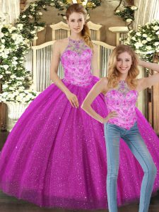 Glorious Fuchsia Two Pieces Halter Top Sleeveless Tulle Floor Length Lace Up Beading Quinceanera Gowns