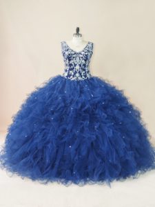 Vintage Navy Blue Backless V-neck Embroidery and Ruffles Sweet 16 Dresses Tulle Sleeveless