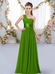 Floor Length Green Quinceanera Dama Dress One Shoulder Sleeveless Lace Up
