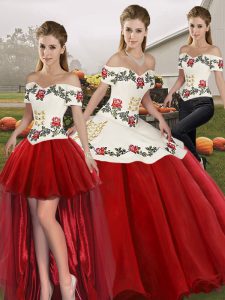 White And Red Sleeveless Organza Lace Up Sweet 16 Dress for Military Ball and Sweet 16 and Quinceanera