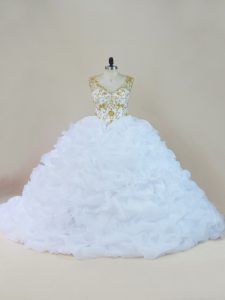Elegant White Ball Gowns Beading and Pick Ups Sweet 16 Dress Lace Up Organza Sleeveless