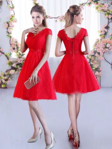Red Lace Lace Up Quinceanera Court Dresses Cap Sleeves Mini Length Lace