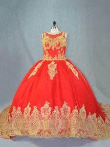 Modest Red Ball Gowns Appliques Quince Ball Gowns Lace Up Tulle Sleeveless