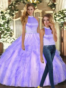 Shining Lavender Ball Gowns Ruffles Quinceanera Dress Backless Tulle Sleeveless Floor Length