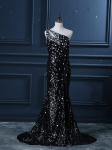 One Shoulder Sleeveless Formal Dresses Brush Train Beading Black Sequined