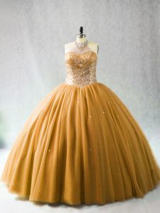 Dramatic Gold Quinceanera Dresses Halter Top Sleeveless Brush Train Lace Up