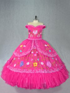 Lovely Organza Off The Shoulder Sleeveless Lace Up Embroidery Quinceanera Gowns in Hot Pink