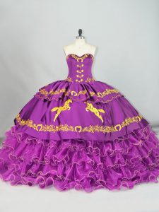 Sweetheart Sleeveless Brush Train Lace Up Quinceanera Dress Purple Satin and Organza