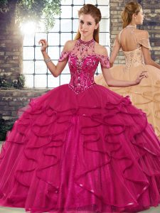 Fuchsia Halter Top Neckline Beading and Ruffles Sweet 16 Quinceanera Dress Sleeveless Lace Up