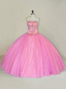 Sleeveless Tulle Floor Length Lace Up Ball Gown Prom Dress in Pink with Beading