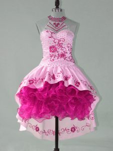 Custom Designed Pink Halter Top Neckline Embroidery and Ruffles Dress for Prom Sleeveless Lace Up