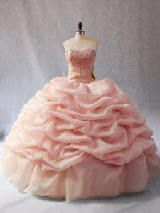 Unique Peach Lace Up Sweet 16 Dresses Beading and Pick Ups Sleeveless Floor Length