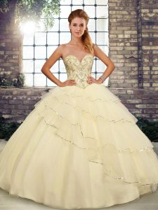 Admirable Light Yellow Tulle Lace Up Sweetheart Sleeveless Quinceanera Dress Brush Train Beading and Ruffled Layers