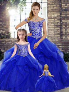 Suitable Sleeveless Beading and Ruffles Lace Up Quinceanera Gowns with Royal Blue Brush Train