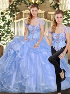 Organza Strapless Sleeveless Lace Up Beading and Ruffles Quinceanera Gowns in Lavender